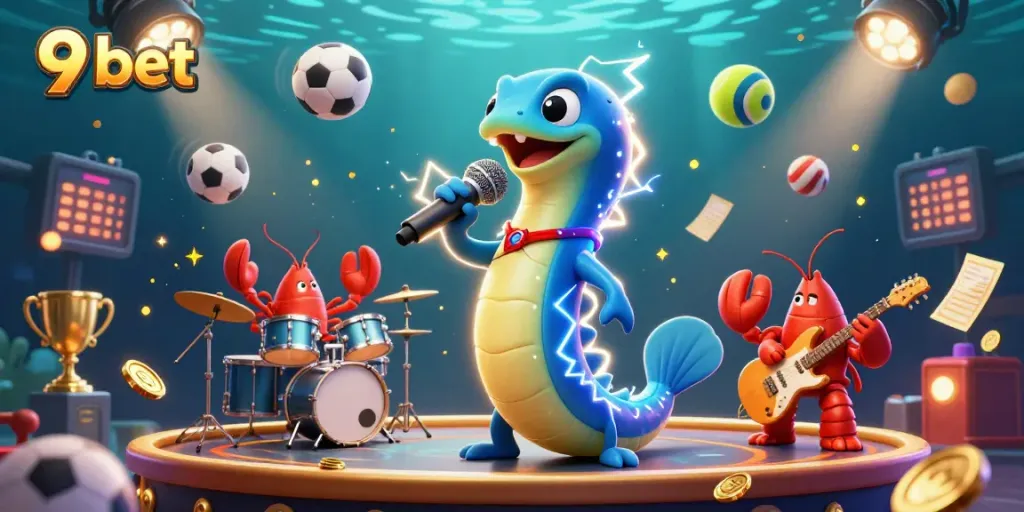 Experience the excitement of 9 bet games with a vibrant underwater casino illustration featuring an electric eel DJ.