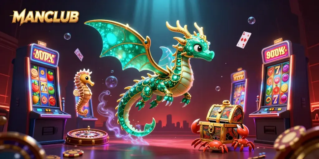 Engage in MANCLUB's vibrant casino experience featuring a magical sea dragon and dynamic gaming elements.