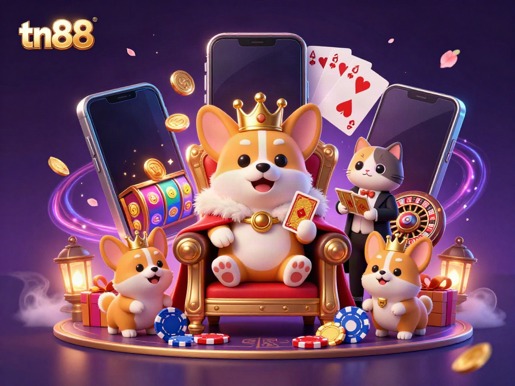 Engage with tn88 casino action featuring a royal corgi and a cat butler amid vibrant game elements.