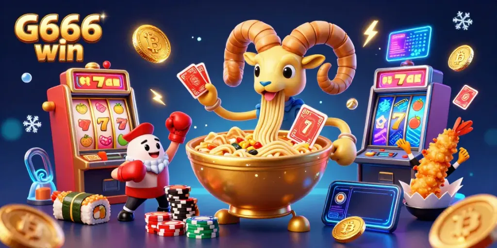 Experience the thrill of "G666 win" with a vibrant casino scene featuring a ramen bowl dealer and dynamic slot elements.