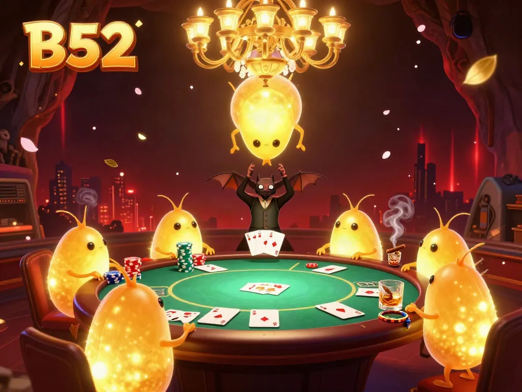 B52 casino scene with glowing glowworms illuminating poker action, vibrant colors, and casino excitement.