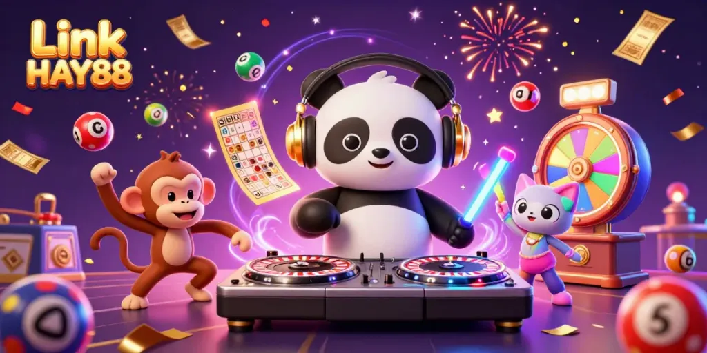 Engage with Link HAY88 through a vibrant casino scene featuring a DJ panda and colorful elements.