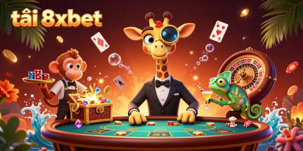 Engage in the world of online gambling with tải 8xbet featuring cartoon characters in a vibrant casino setting.