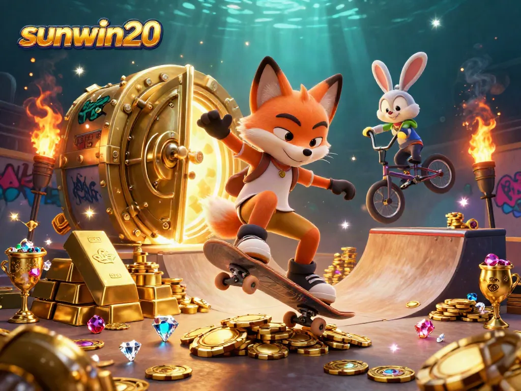 Join the excitement at sunwin20 with a thrilling 3D illustration of a fox and rabbit in an animated casino scene.