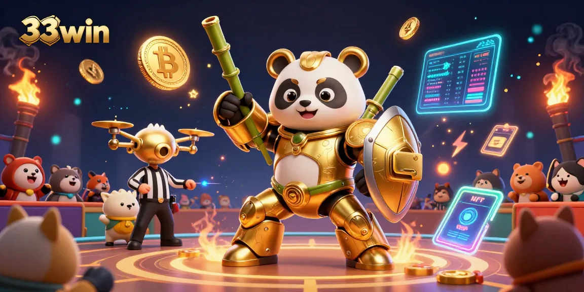 33win showcases a vibrant 3D casino scene with crypto coins and dynamic game elements.