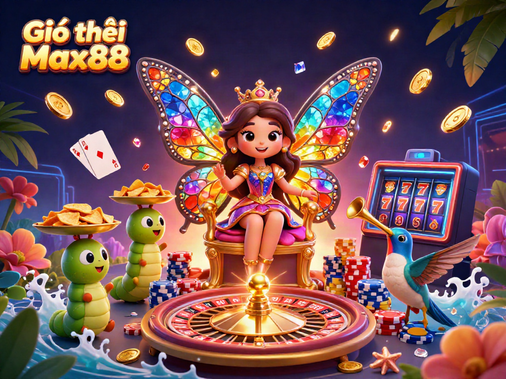 Play thrilling games with Giới thiệu Max88, featuring an enchanting butterfly queen and dazzling casino elements.