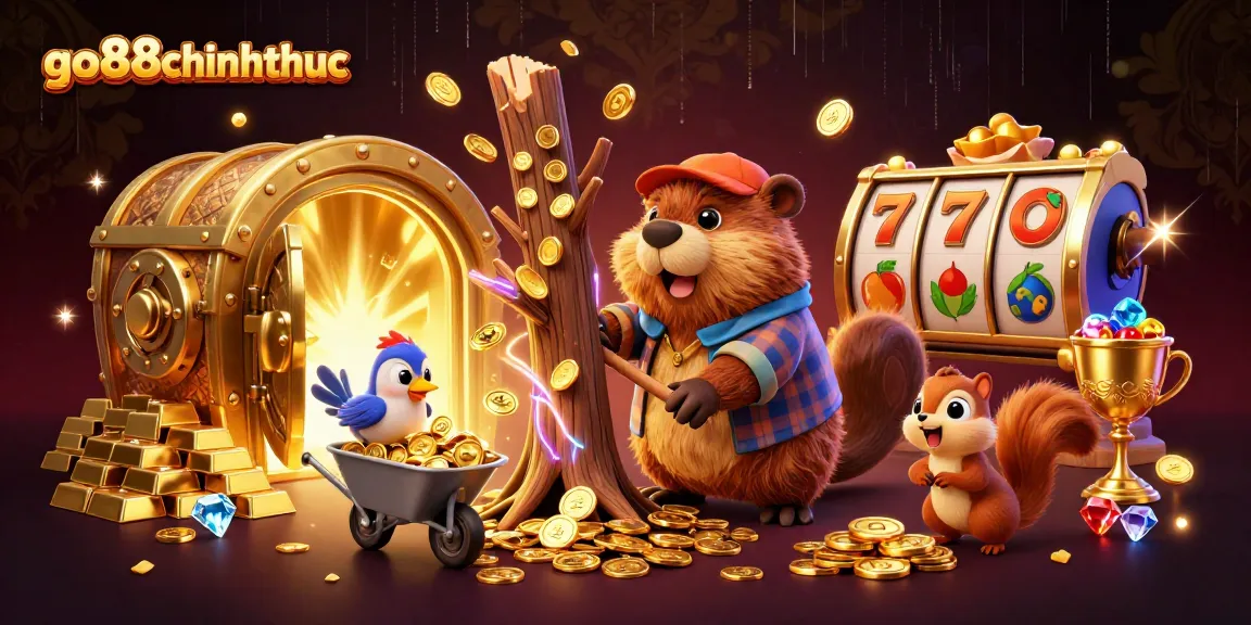 Engage with go88chinhthuc: a cartoon beaver, collecting coins in a vibrant casino-themed scene.