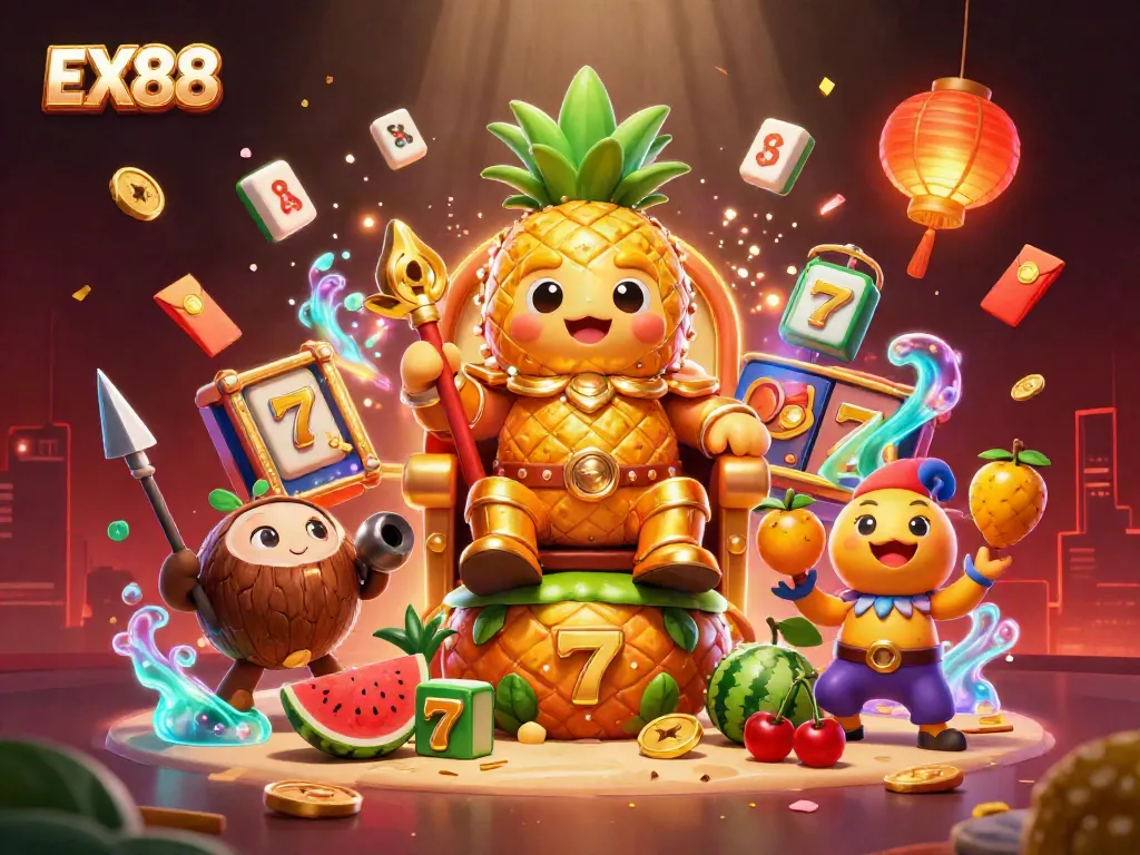 Experience the excitement of EX88 with a golden pineapple king and vibrant casino elements.