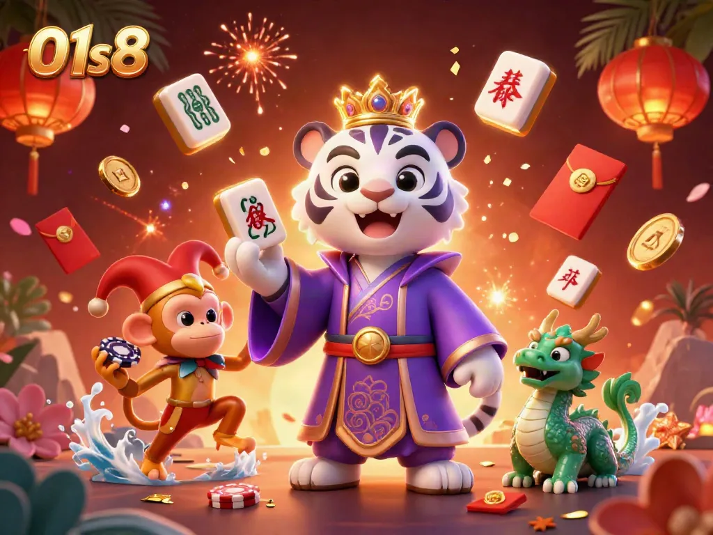 Experience the excitement of 01s8 with vibrant characters and casino elements in a lively digital artwork.