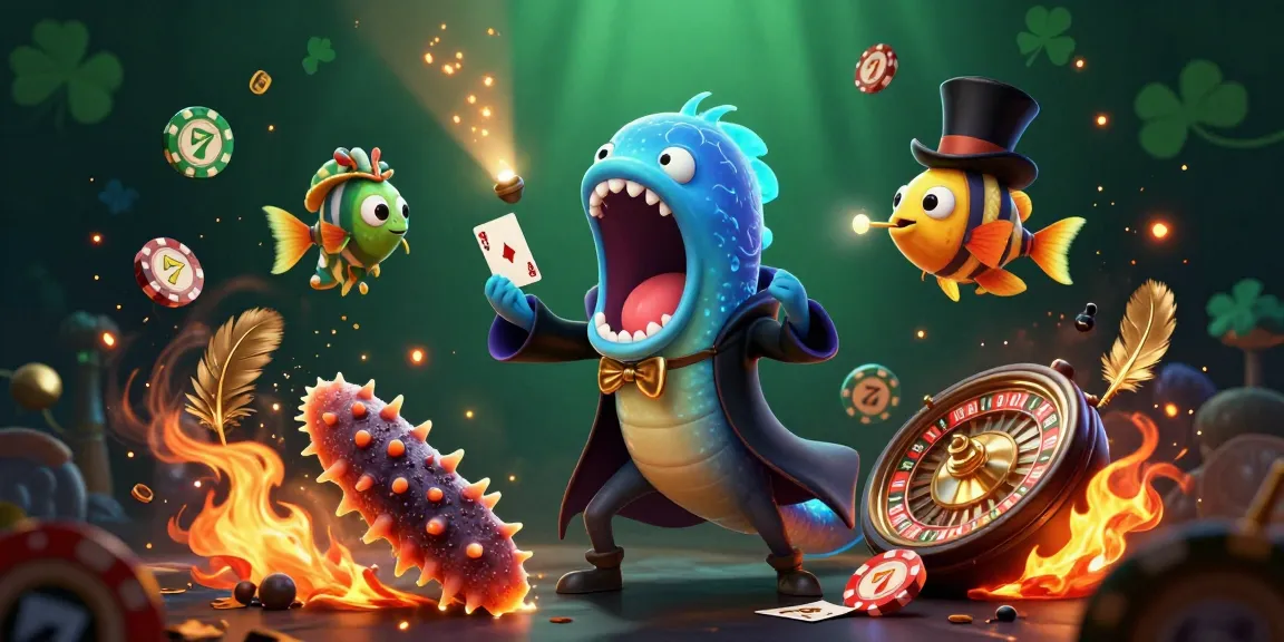 Join the Link 8S magic act with a bioluminescent eel performing card tricks amid casino symbols and gold.