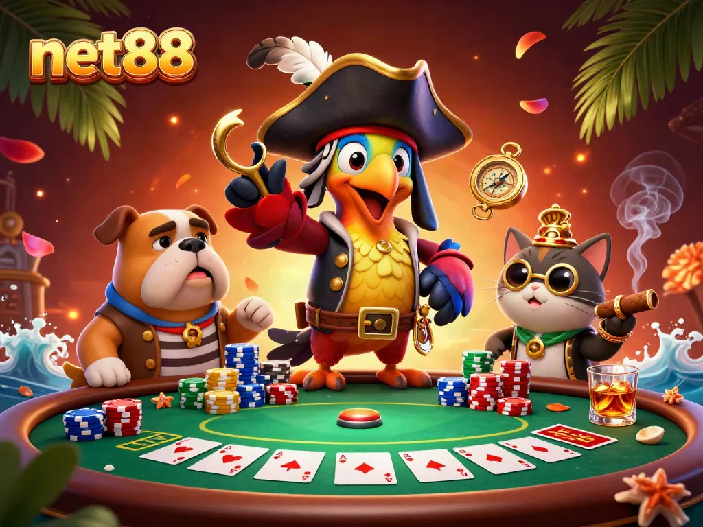 Engage with net88's exciting poker scene featuring a lively pirate captain, bulldog, and cat, immersed in gaming.