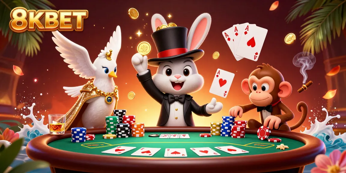 Experience thrilling wins at 8KBET's casino with our dynamic poker scene featuring playful characters.