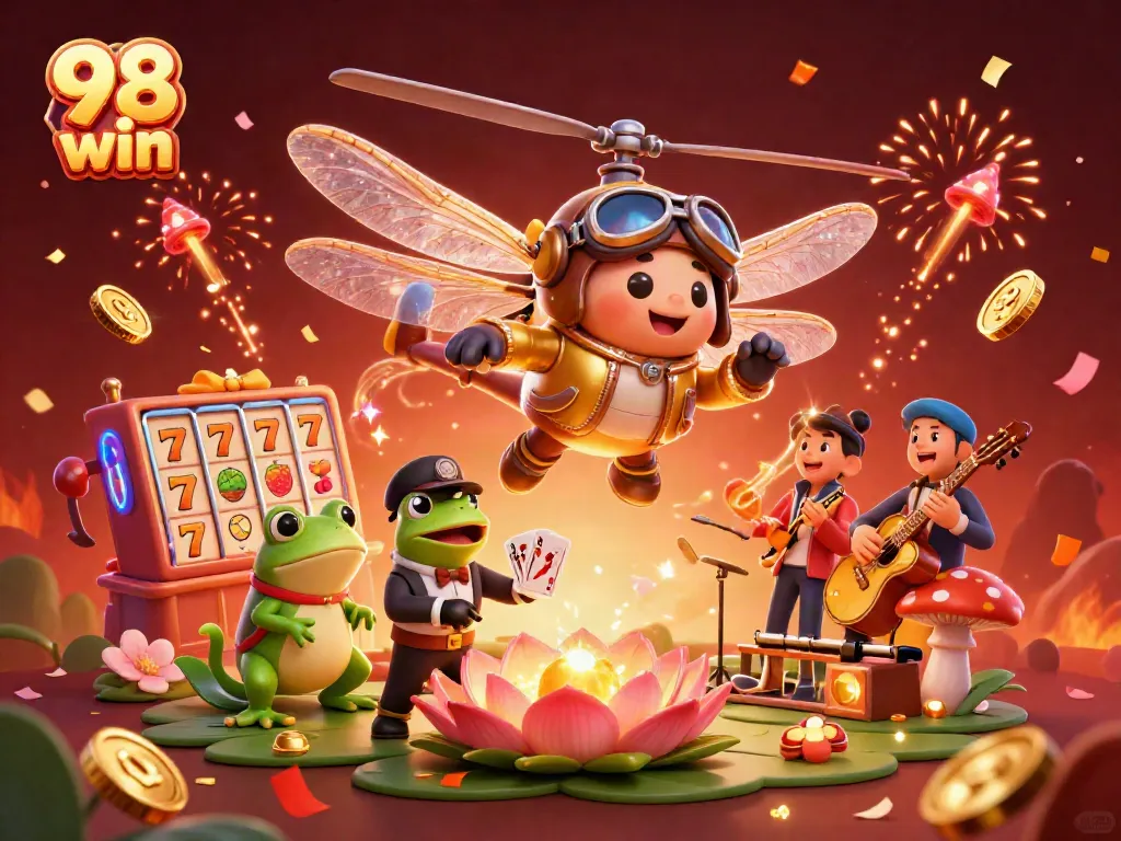 Experience the thrill of 98 win with a dynamic casino scene featuring colorful slot reels and vibrant characters.
