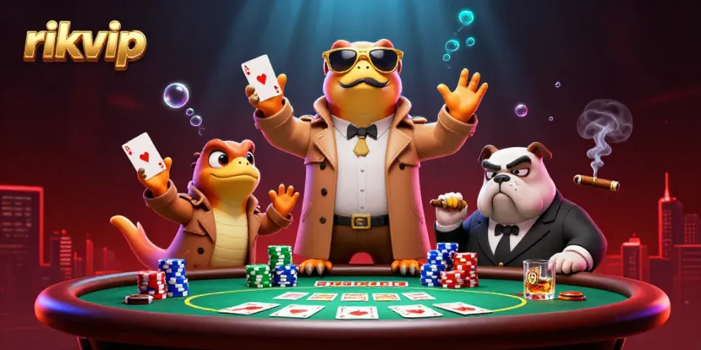 Experience rich gameplay action with rikvip featuring creative 3D illustration of cartoon raptors entering a VIP casino.