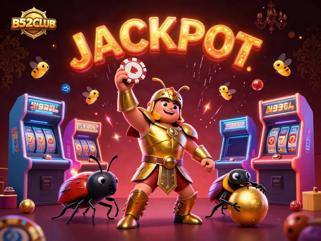 B52CLUB showcases a beetle warrior celebrating a jackpot victory amidst vibrant casino elements.