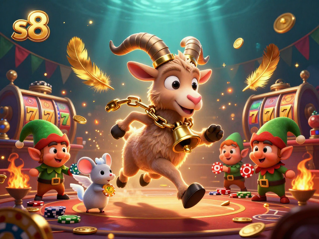 Engaging scene of s8 with lively characters in a holiday casino setting, featuring dynamic jackpot elements.