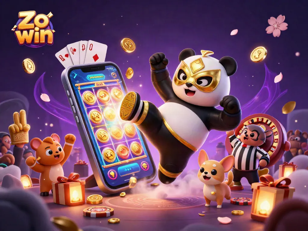 Win big with Zo win, a dynamic casino scene featuring a wrestling panda and action-packed gear.