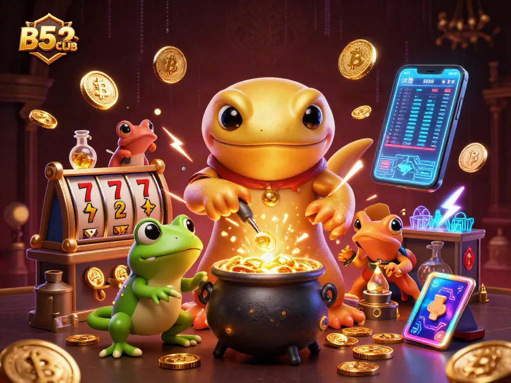 B52CLUB showcases a dynamic 3D casino scene with vibrant illustration of alchemical riches and digital currency.