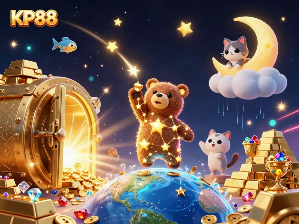Experience the excitement of KP88's gaming universe with a constellation bear gathering wealth amidst vibrant casino treasures.