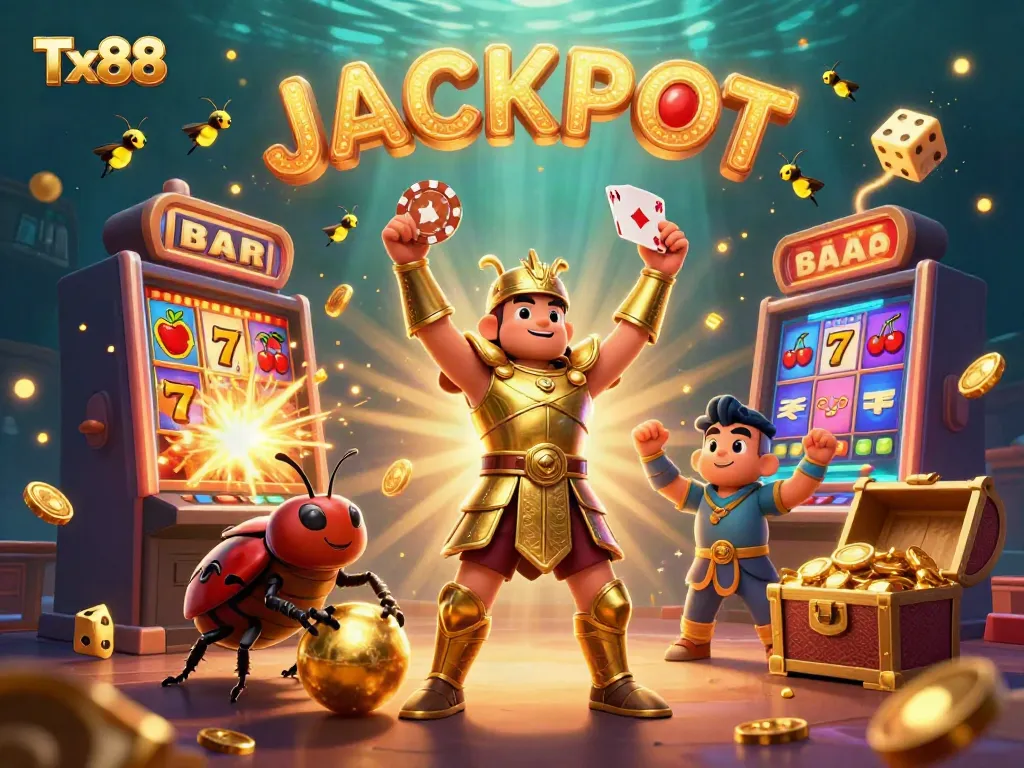 Experience excitement at Tx88 with a 3D beetle hero lifting a poker chip amidst jackpot celebrations and casino elements.