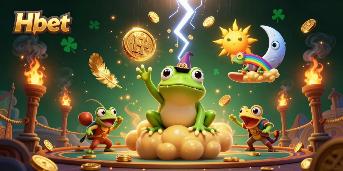 Witness Hbet's fortune storm with a wizard frog and chameleon earning golden rewards in a vibrant casino scene.