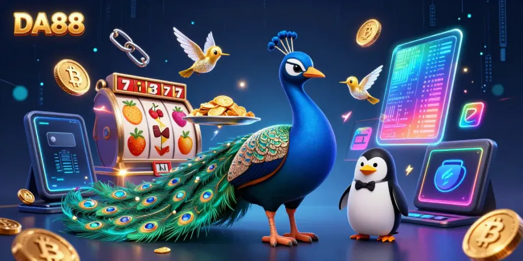 Experience the thrill of DA88 with colorful slot reels and charismatic characters in an engaging online casino illustration.