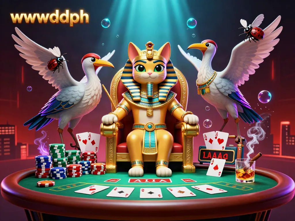 Engage with vibrant poker action featuring wwwdddph's Egyptian pharaoh cat themed illustration.